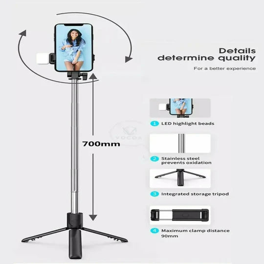 4 in 1 Selfie Stick Tripod with Light & Bluetooth Remote |Foldable & Extendable (70cm) Mobile Holder