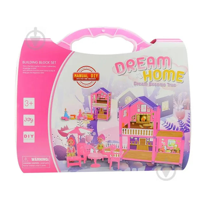 Dream House Doll House Briefcase for Kids Girls – Doll House Set With Plastic Dolls & Plastic Furniture – 75 Pcs Doll House Building Blocks Set games – Miniature Mansion